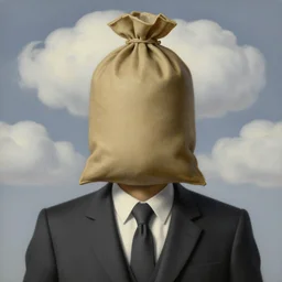 portrait of a faceless sack - head man in a suit, clouds in the background, by rene magritte, detailed painting, distance, centered, hd, hq, high resolution, high detail, 4 k, 8 k