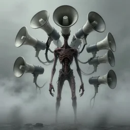 a very thin tall huge creepy megaphoneheaded humanoid. megaphones! character concept art, extremely high details, octane render, fog, horror, artstation contest winner, art by michael whelan, simon stalenhag, les edwards. masterpiece