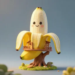 a cartoon peeled banana shaped tree house, 3 d render, soft colour, macarone color,, cinematic light, sci fi, global illumination, matte painting, high detailed, unreal engine, octane render, 4 k, hd, high quality