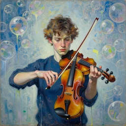 portrait of a young violinist focusing and violin hanging in air painted by vincent lefevre and hernan bas and james jean and pat steir and hilma af klint, psychological, symmetrical face, dripping paint, washy brush, background with hundreds of bubbles by andreas gursky, rendered in octane, altermodern, masterpiece