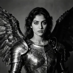 an analogue photo masterpiece closeup portrait of a female angel with a dark armour , cinematic lighting, Jayison Devadas style, 8k, black & white, 35mm, f/1.4