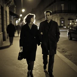 a man and woman walking in a street at night, photograph by Brassaï, backlit, rimlight