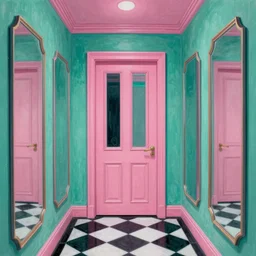 jon klassen, masterpiece, hyperrealistic surrealism, award winning masterpiece with incredible details, a surreal vaporwave painting of pink door leading to a teal room, mirrors everywhere, highly detailed, hallway with black and white checkered floor, intricate, elegant