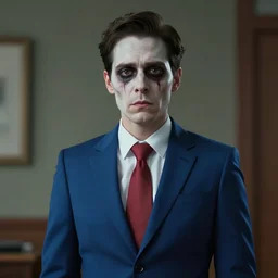 cinematic view of a dead by daylight killer lawyer wearing a blue business suit, character portrait, digital art