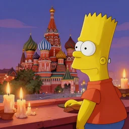 bart simpson watching the view of moscow, lit by candles, digital painting, artstation, concept art, craig mullins, breathtaking, 8 k resolution, extremely detailed, beautiful, establishing shot, artistic, hyperrealistic, octane render, cinematic lighting, dramatic lighting, masterpiece, light brazen, extremely detailed and beautiful face