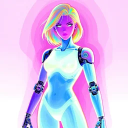 female android, neon hair, glowing skin, prosthetic arm, strong line, bright vibrant color, beautiful! coherent! by frank frazetta, high contrast, minimalism