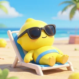 a lemon wearing sunglasses relaxing at the beach, 3d render, pixar style, hd