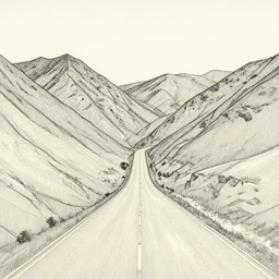 road through the mountains by moebius, dan mumford and peter doig and edward hopper, symmetrical, minimal, black ink, thin lines highly detailed, muted colours, masterpiece 8 k