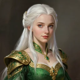 painted portrait of eowyn, white hair, charming, young, elegant, upper body, green and gold, fantasy, intricate, highly detailed, digital painting, artstation, concept art, smooth, sharp focus, illustration, art by ismail inceoglu, filip hodas, and pixar.