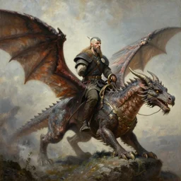 detailed oil painting of a viking riding on a winged dragons back