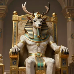 A small reindeer king sitting on a throne in Egypt,  highly detailed portrait, scifi, digital painting, artstation, concept art, smooth, sharp foccus ilustration, Artstation HQ