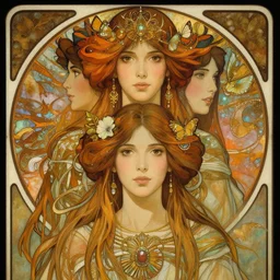 symmetrical portrait painting of a shamanic priestess and her higher self, beautiful face, gorgeous, magic, cinematic lighting, extremely detailed, sharp focus, by studio ghibli, lise deharme, hans zatzka, george stubbs, louis wain, alphonse mucha, intricate, beautiful, award winning, trending on artstation, pixiv