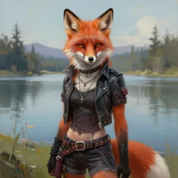 Beautiful portrait digital painting, oil painting, anthro anthropomorphic fox androgynous , at a lake anarchist anarcho-punk Punk Punk outfit. furaffinity, artstation