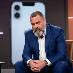 dslr photo still of infowars host alex jones in a blue suit fat grey beard and mustache!!! sitting depressed!!! in a!!! room with a giant iphone behind him!!!, 5 2 mm f 1. 8