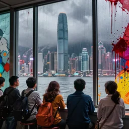 long exposure photograph of impoverished migrants gazing out through a large skyscraper window covered in blood behind severe weather storms by neil blevins, hong kong, misty, hyper realistic, vibrant colors, pop art style, cinematic, 3 5 mm grain filter, artstation