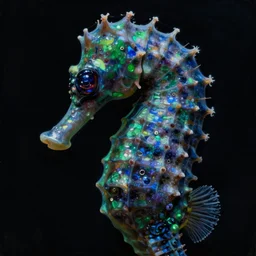 close - up portrait of a dark sci - fi pearlescent seahorse with big eyes, deep dark green and blue colors, highly detailed science fiction painting by syd mead, roger dean, and moebius. rich colors, high contrast, moody atmosphere, black background. unreal engine, artstation.
