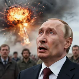 vladimir putin realistic, details, freaked out, with open mouth looking up to sky, air strike explosion nearby, terrified face, by donato giancola and greg rutkowski and wayne barlow and zdzisław beksinski, realistic face, digital art