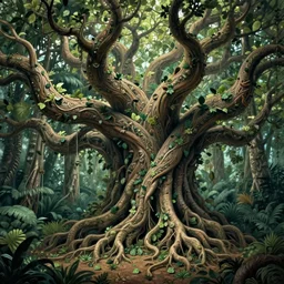 mesmerizing network of massive tree branches, huge twisted trunks, gigantic roots on the ground, tiny leaves, intricate, elegant, ornate, fantasy, magical, epic scale, matte painting, cinematic, tropical forest, lush, trending on artstation, inspired by james cameron movies, painted by craig mullins and john singer sargent