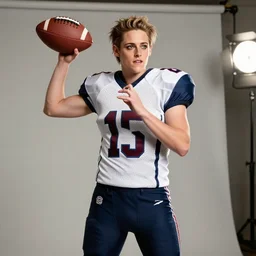 male kristen stewart as a 6'4 inch tall football high school quarterback, studio lighting, hyperreal, soft focus
