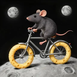 a stainless steel bike, made of swiss cheese wheels, a cartoonish rat riding the bike on the surface of the moon and, digital painting, greg rutowski, artstation