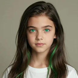 portrait of missy, a young girl with long dark hair, green eyes and green hair