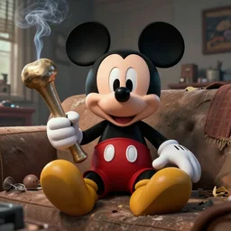 mickey mouse holding a giant joint while sitting on a couch in a messed up apartment, stoned eyes, smoke, photorealistic, amazing detail, cinematic, award winning, sharp