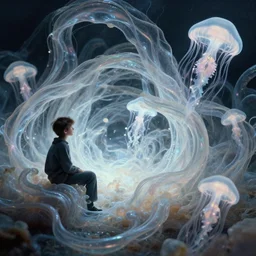 a realistic photograph of a boy left all alone, sitting in the middle of iridescent fungal biomass, twisted energy flow, translucent glowing jellyfish, 1 6 mm grain, extremely detailed, 8 k
