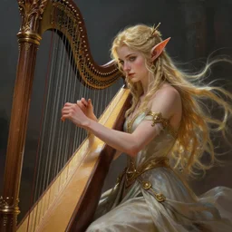 beautiful fragile elf bard in robes, playing on a harp, masterpiece ,  cinematic, powerful, dramatic light, highly, intricate elements, detailed, digital painting, artstation, concept art, sharp focus, illustration, dynamic by Edgar Maxence and Ross Tran and Michael Whelan art by Livia Prima, Mitch Foust, Frank frazetta