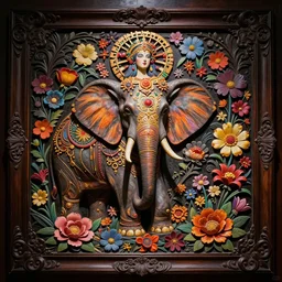 Painted dark-wood panel relief carving of a Flowerpunk Matriarch Elephant, ornate border frame, explosion of colorful flowers, dark wood, intricately carved, black ink, festival of rich colors, intricate details, cinematic lighting, volumetric lighting, post-processing, art nouveau, by andreas rocha and john howe, and Martin Johnson Heade, featured on artstation, featured on behance, golden ratio, hyper detailed, photorealistic, epic composition, center spotlight, f32, well composed, UE5, 8k