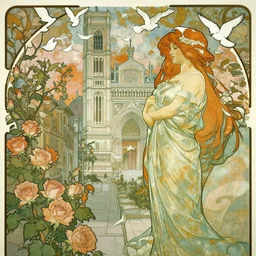 in the distance, there is the cathedral of our lady of flowers. nearby, there are streets full of roses, and white pigeons flying in the sky by alphonse maria mucha, art nouveau