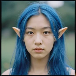 stunning head and shoulders portrait photo by steve mccurry of an asian elf woman with blue hair, cinestill 8 0 0 t