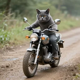grey cat with glasses riding a motorcycle on a muddy road, photorealistic