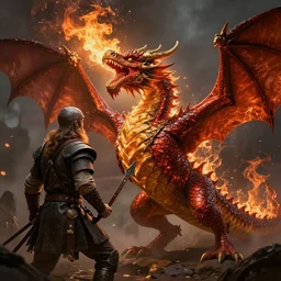 a fire breathing dragon attacking a viking warrior