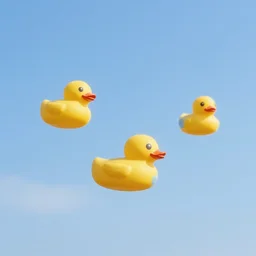 photograph of rubber ducks flying in the sky