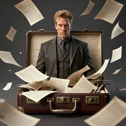 papers falling out of briefcase, wayne barlowe, very coherent symmetrical artwork, cinematic, hyper realism, high detail, octane render, 8 k