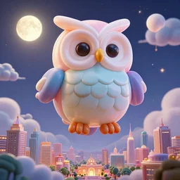 elaborate, giant, massive, detailed, 3 d, pastel, blowup balloon owl, floating in a 3 d night sky with clouds and glowing moon, cinematic, 3 d designed city, 4 k by'eva cremers'and'lesley barnes'and'jordan coelho'and wes anderson and james jean