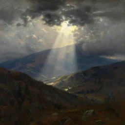 very very detailed painting of mountains with storm clouds and dramatic lighting, ray of sun, style of thomas cole