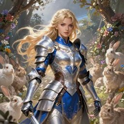 blonde female warrior in heavy blue and white armor, very beautiful face, surrounded by rabbits, epic battle, high fantasy, flowers and trees, intricate detail, digital painting, artstation, concept art, smooth, sharp focus, illustration, art by monia merlo and wlop and artgerm and craig mullins