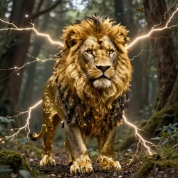 black king lion fur made from gold lightnings surrounded by epic forest, epic cinematic shot, sharp focus, hyperdetails, concept art,  artstation, cgsociety, 8k, by magali villeneuve and raphael lacoste