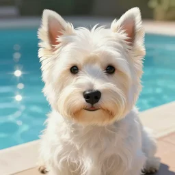closeup portrait of a west highland white terrier sitting by a pool, bright, reflections, intricate, sharp focus, lens flare, bloom, illustration, highly detailed, digital painting, concept art, matte, art by ruan jia and wlop and greg rutkowski, masterpiece