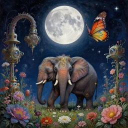 happy full moon! 🌕✨, by anne stokes and kaja foglio, behance contest winner, psychedelic art, dystopian art, apocalypse art, cosmic horror, by esao andrews, steampunk heaven, magic butterfly, an elephant surrounded by flowers, by michael komarck and john howe, lovecraftian, machine in flowers, detailed painting, i dream of the machine