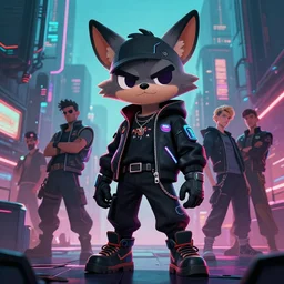 anthropomorphic coyote character wearing black cyberpunk skater clothes with neon highlights in a cyberpunk city. Renowned character illustration by greg rutkowski, thomas kindkade, alphonse mucha, loish, norman rockwell. Trending on artstation 4k. Highly detailed. Digital art.