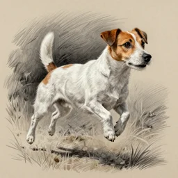 jack russel terrier jumping, pencil drawing, pastel, by marc simonetti