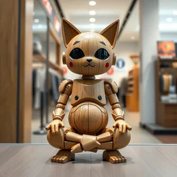 8 k octan, advertising, highly detailed, photo, a totally wooden figurine collectible art toys wooden on feet, very cute fat cyborg meditation with cat ears,, graffiti ratio, design, showroom dealership indoor display convention exhibition a contemporary art gallery masterpiece