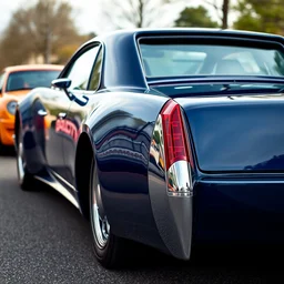 a deep blue glossy cadillac 1 9 5 7 coupe mixed with a bugatti royal, long shot, daylight, nikon photography, 3 5 mm