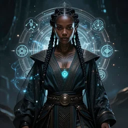 portrait of an African-American woman, braids, futuristic jedi robes, mystical energy, tribal tattoos, backlight, nighttime, dark, moody, by Gerald Parel, by Marko djudjevic, by Peter Mohrbacher, character concept art, detailed, style, 8k, trending on artstation, unreal engine 4k, full shot, post-processing, symmetrical, cosmic power, glowing arcane symbols, glowing occult symbols, cinematic, ornate, highly detailed, gloomcore illustration