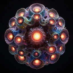 a multicolor fractal mandelbulb god with multiple glowing eyes by alex gray and android jones, concept art, sharp angles, robot, octane render, 8 k, unreal engine