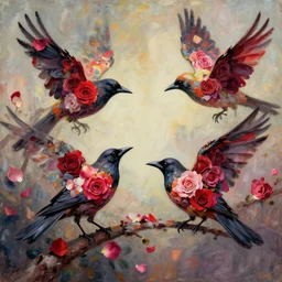 crows with flower petals! instead of feathers, made out of roses, flower birds, expressionist, vibrant, muted, dark highlights, album cover, album artwork