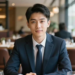head and shoulders male portrait of a young business professional, sitting down at a nice restaurant.