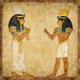an ancient egyptian painting of lain iwakura and a computer
